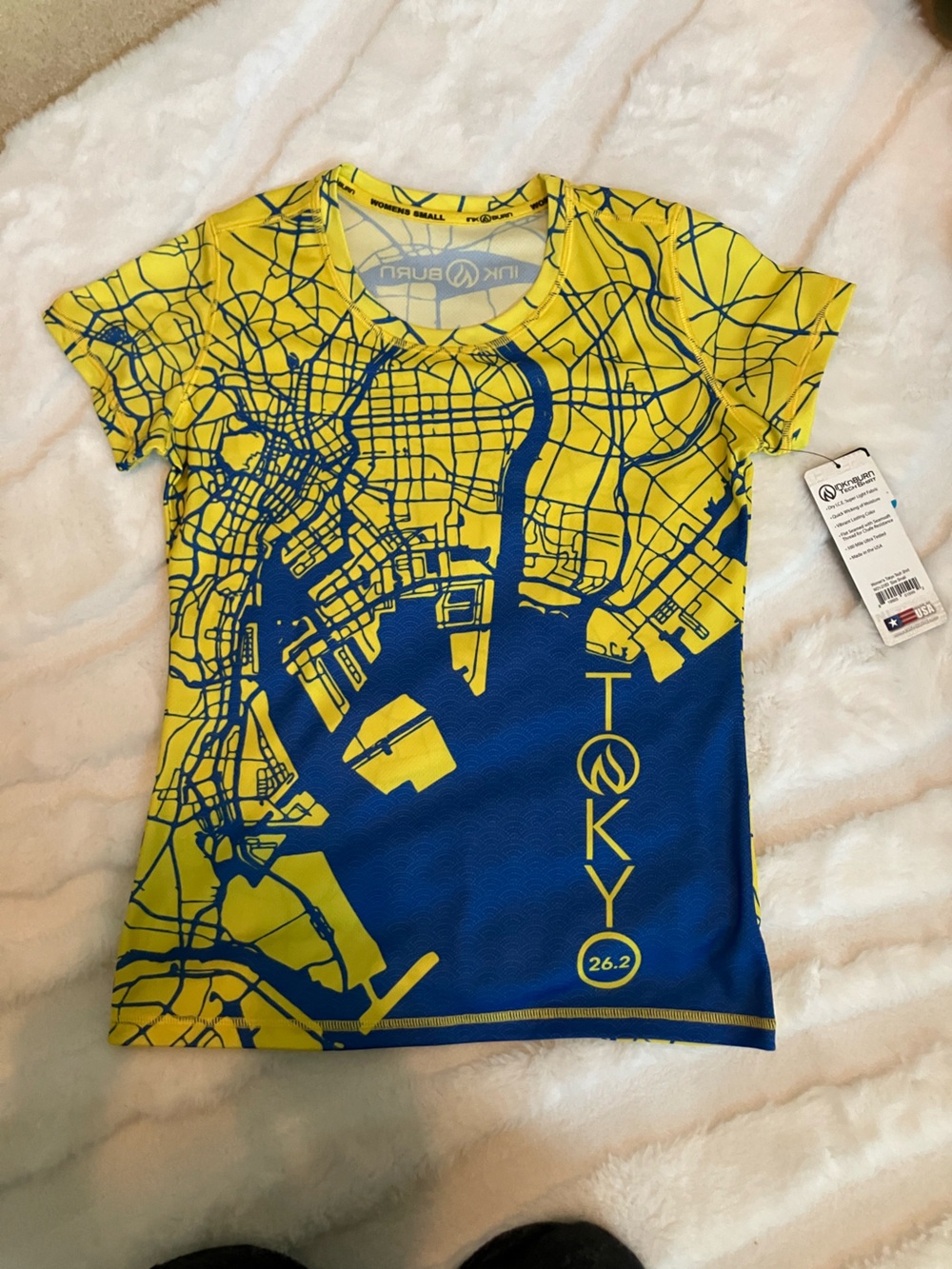INKnBURN Women’s Tokyo Map Short Sleeve Tee - Yellow & Blue Tokyo Marathon